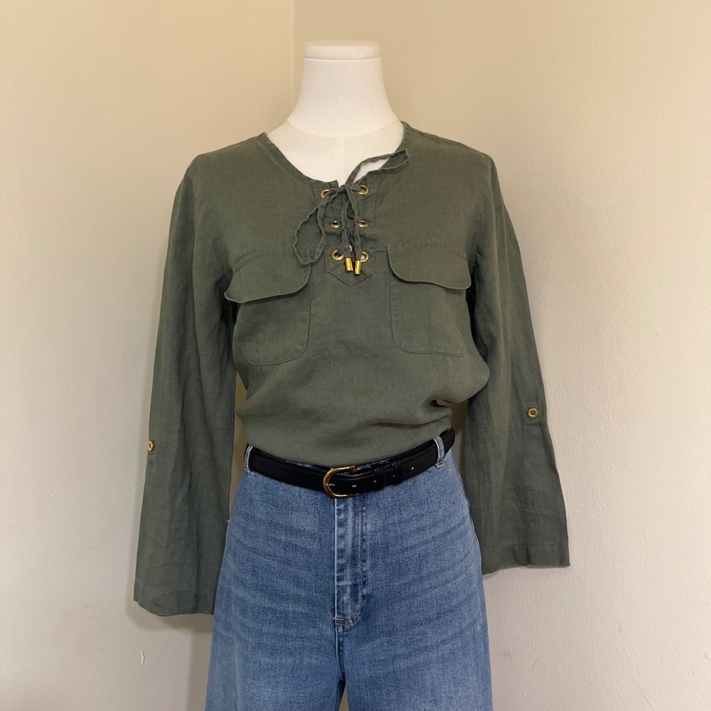 Company Ellen Tracy Womens 100% Linen Lace Up Tunic Top Olive Green Caper S